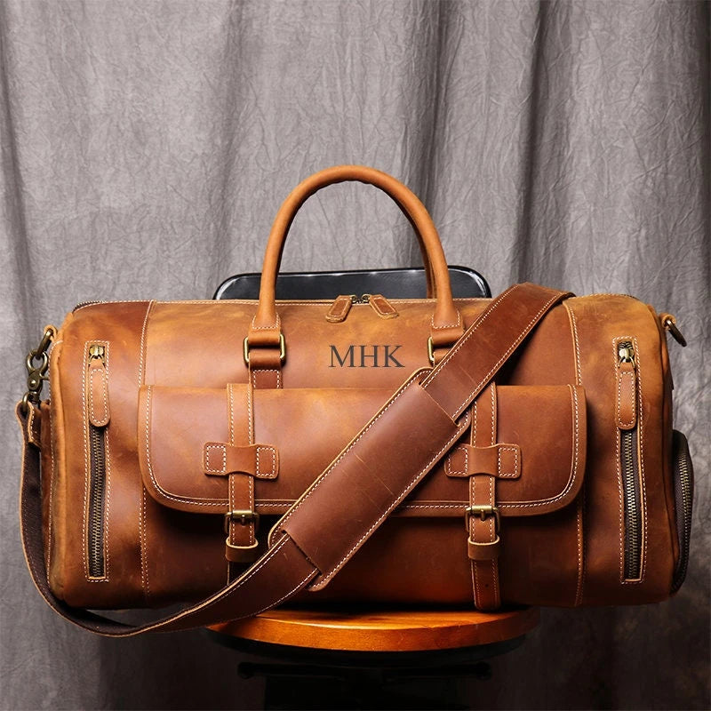 Monogrammed Full Grain Leather Duffel